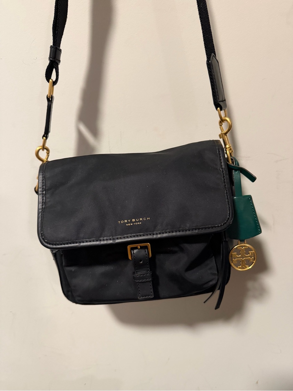 Tory Burch Nylon Black Crossbody with Gold Logo Charm and Green Tag
